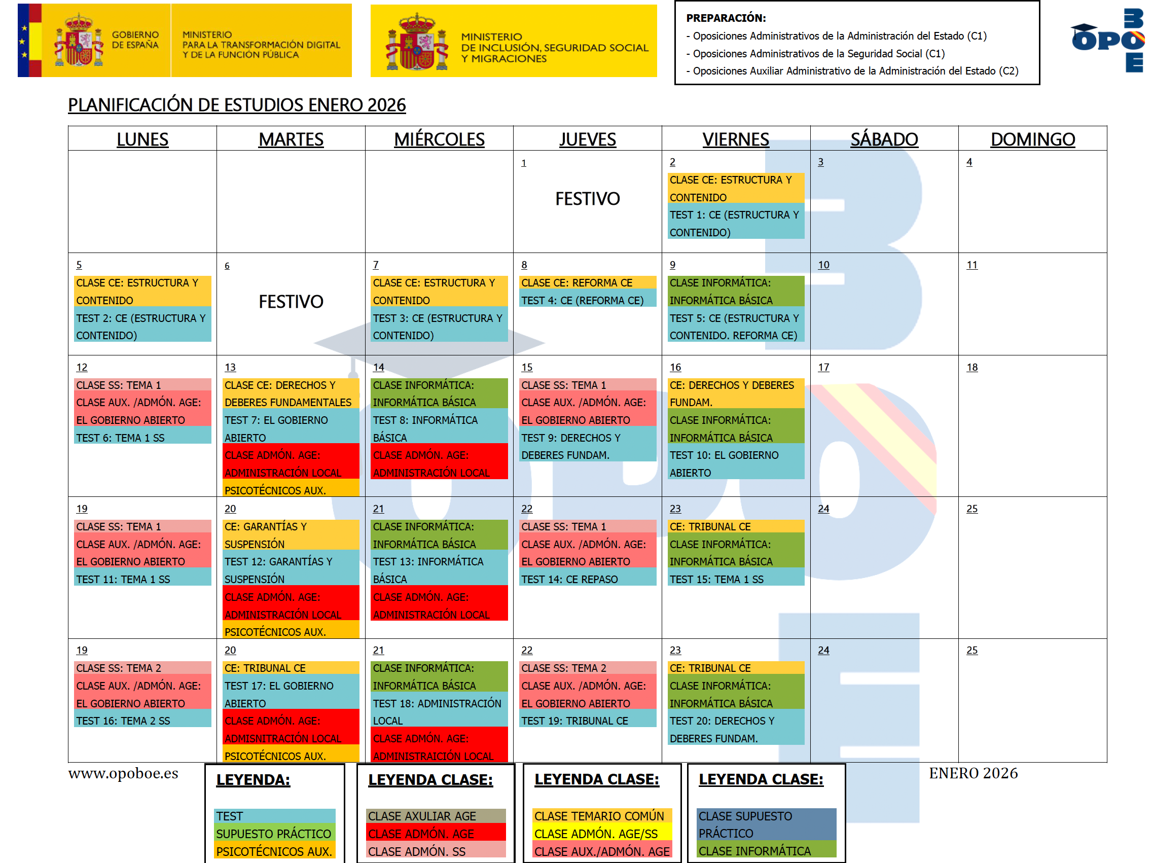 Vista previa del Calendario de Estudio Enero 2026